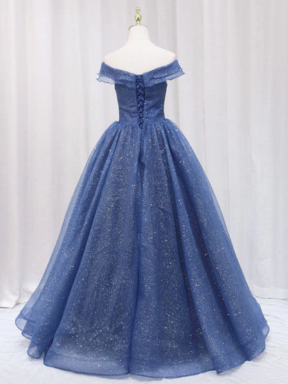Robe de bal longue en tulle bleu foncé, coupe trapèze, robe de soirée formelle bleue ED0703