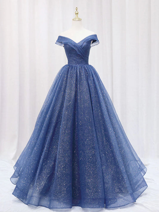 Robe de bal longue en tulle bleu foncé, coupe trapèze, robe de soirée formelle bleue ED0703