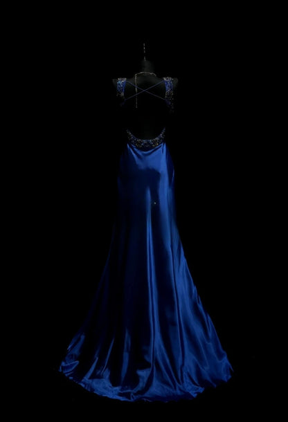 Magnifique robe de bal bleu roi en satin, fourreau, bretelles, robe d'anniversaire ED07030