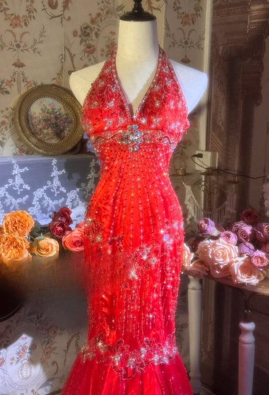 Gorgeous Red Prom Dress Satin Beaded Mermaid Evening Dress V-neck Birthday Dress ED07033