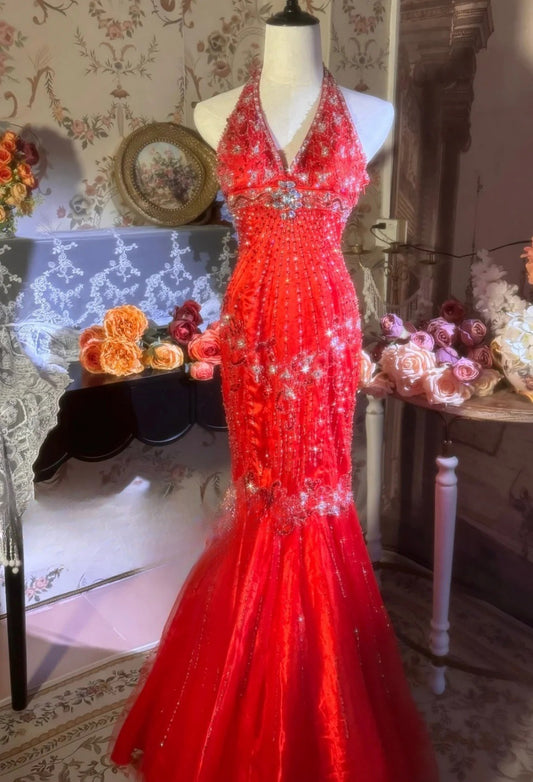 Gorgeous Red Prom Dress Satin Beaded Mermaid Evening Dress V-neck Birthday Dress ED07033