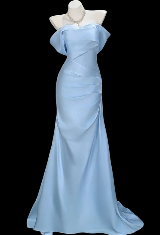 Gorgeous Blue Prom Dress Satin Sheath Evening Dress Off-shoulder Birthday Dress ED07034