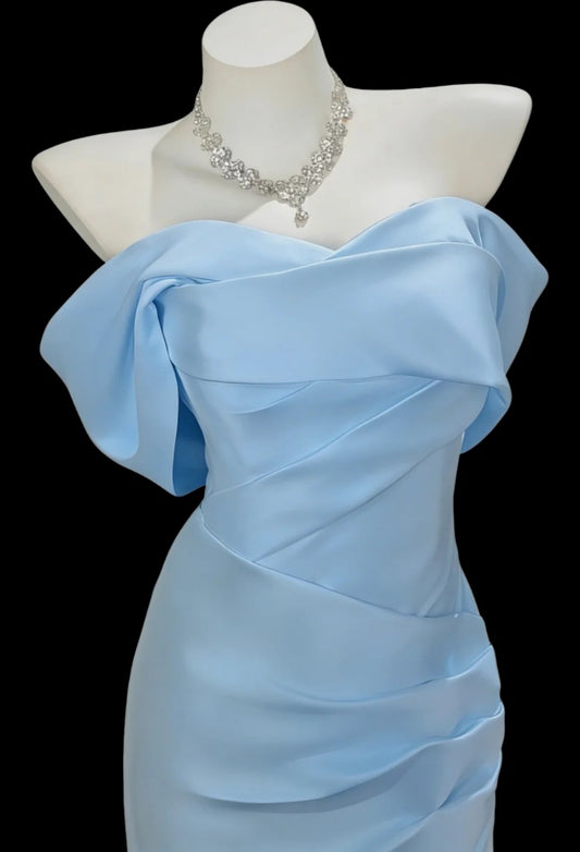 Gorgeous Blue Prom Dress Satin Sheath Evening Dress Off-shoulder Birthday Dress ED07034