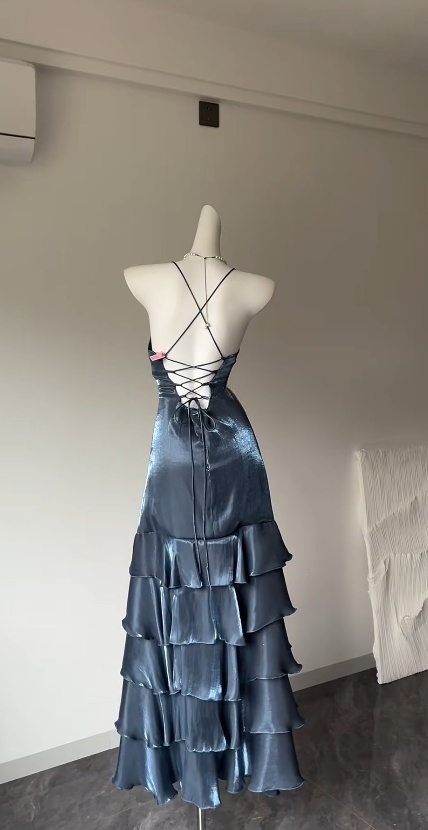 Robe de bal sexy grise et bleue en satin fourreau, bretelles spaghetti, robe d'anniversaire ED07035