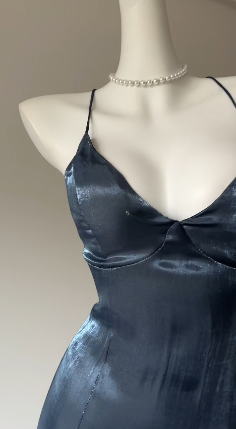 Sexy Gray Blue Prom Dress Satin Sheath Evening Dress Spaghetti Straps Birthday Dress ED07035