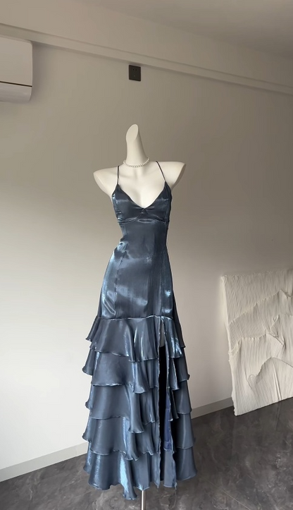 Robe de bal sexy grise et bleue en satin fourreau, bretelles spaghetti, robe d'anniversaire ED07035