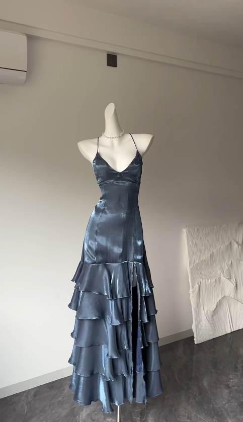 Sexy Gray Blue Prom Dress Satin Sheath Evening Dress Spaghetti Straps Birthday Dress ED07035