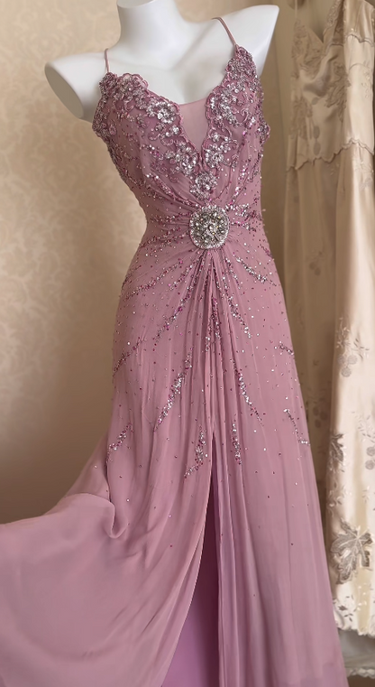 Vintage lila Chiffon-Abendkleid mit Perlenbesatz, Spaghettiträger, Ballkleid, Geburtstagskleid ED07036