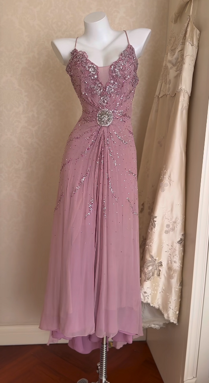 Vintage lila Chiffon-Abendkleid mit Perlenbesatz, Spaghettiträger, Ballkleid, Geburtstagskleid ED07036