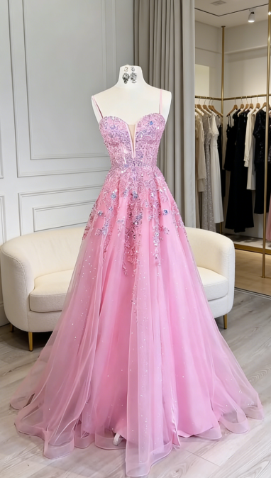 Cute Pink Prom Dress Tulle Appliques A-Line Evening Dress Sweetheart Birthday Dress ED07037