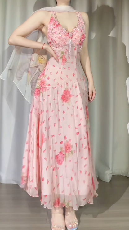 Vintage Pink Prom Dress Chiffon Floral Beaded Evening Dress Halter Sheath Birthday Dress ED07038