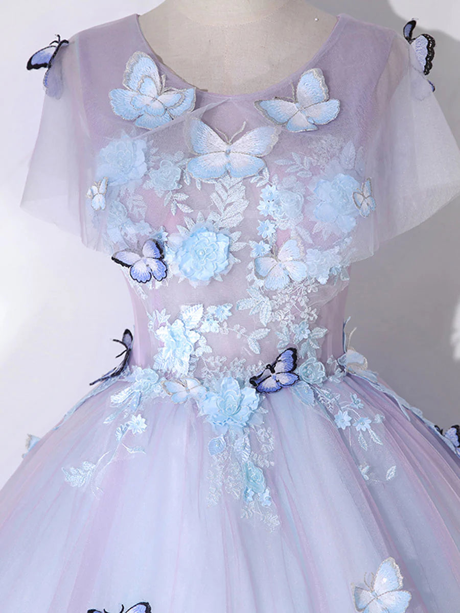 Robe de bal longue violette en tulle et dentelle, coupe trapèze, col rond, robe de soirée violette ED0704