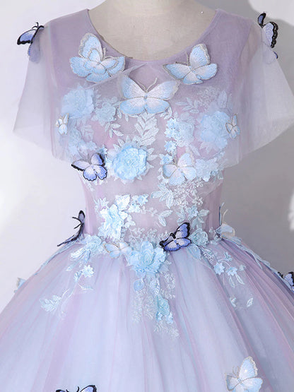 Robe de bal longue violette en tulle et dentelle, coupe trapèze, col rond, robe de soirée violette ED0704