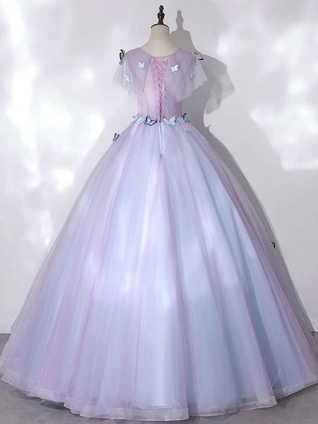 Robe de bal longue violette en tulle et dentelle, coupe trapèze, col rond, robe de soirée violette ED0704