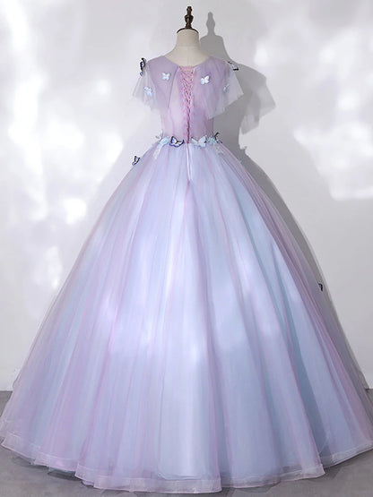 Robe de bal longue violette en tulle et dentelle, coupe trapèze, col rond, robe de soirée violette ED0704