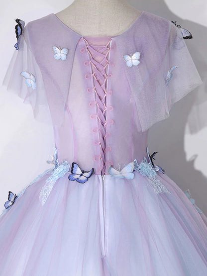 Robe de bal longue violette en tulle et dentelle, coupe trapèze, col rond, robe de soirée violette ED0704