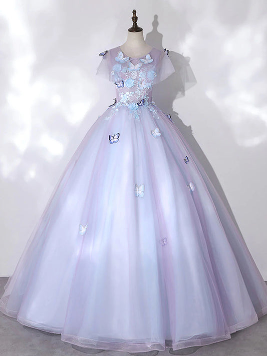 Robe de bal longue violette en tulle et dentelle, coupe trapèze, col rond, robe de soirée violette ED0704