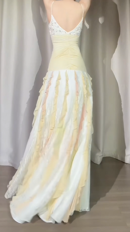 Robe de bal vintage à fines bretelles, robe fourreau en mousseline et dentelle, référence ED07040