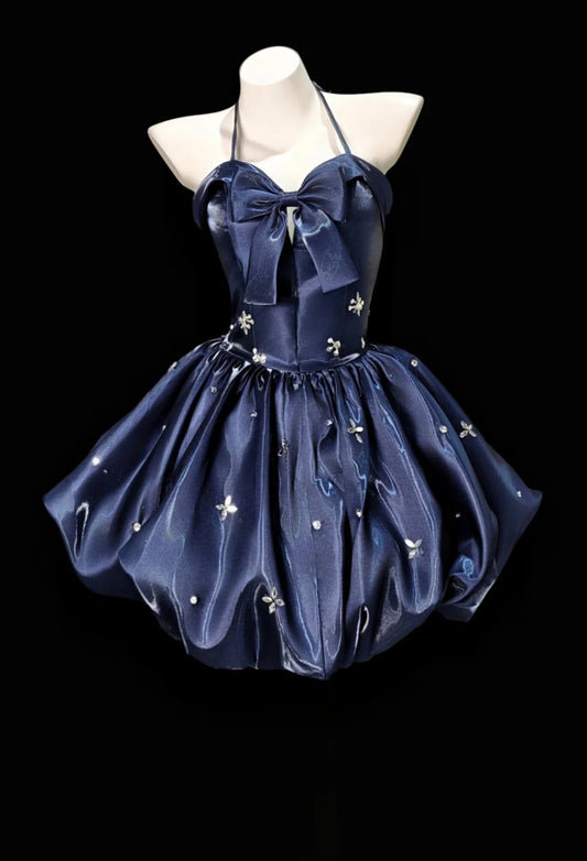 Elegantes marineblaues Ballkleid aus Satin mit Neckholder, A-Linien-Schnitt, ärmellos, Geburtstagskleid ED07046