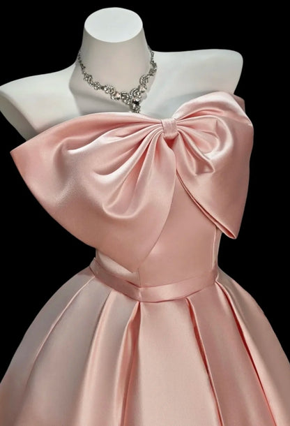 Chic Pink Prom Dress Satin Strapless A-Line Party Dress Sleeveless Birthday Dress ED07047