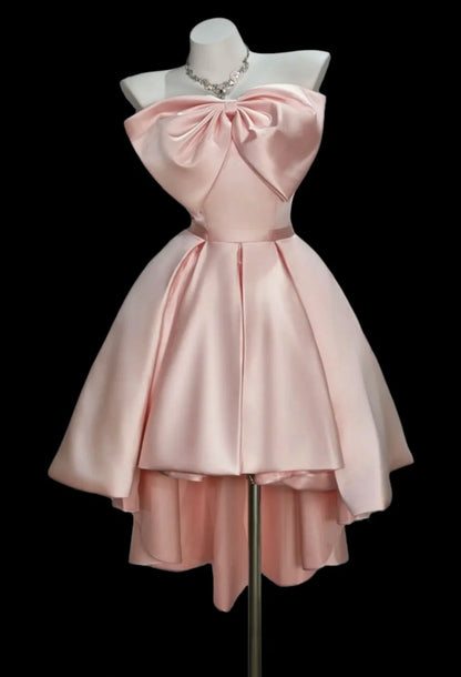 Chic Pink Prom Dress Satin Strapless A-Line Party Dress Sleeveless Birthday Dress ED07047