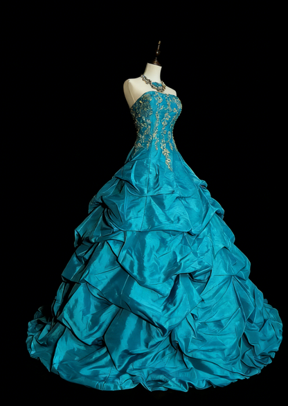 Chic Blue Prom Dress Satin A-Line Strapless Evening Dress ED07052