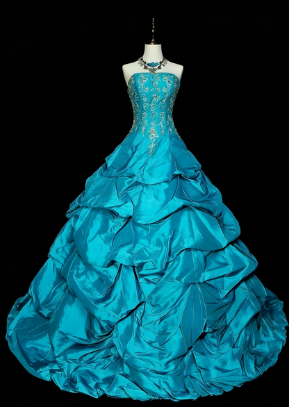 Chic Blue Prom Dress Satin A-Line Strapless Evening Dress ED07052