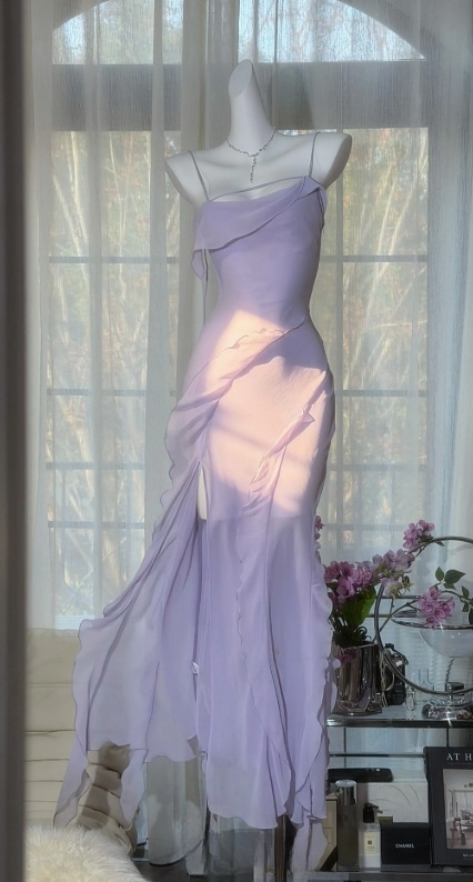Gorgeous Light Purple Prom Dress Chiffon Sheath Spaghetti Straps Evening Dress ED07056