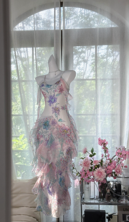 Gorgeous Floral Prom Dress Chiffon Sheath Spaghetti Straps Evening Dress ED07057