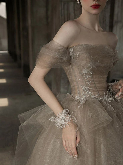 Champagner Tüll Spitze langes Ballkleid, Champagner formelles Abendkleid ED0706