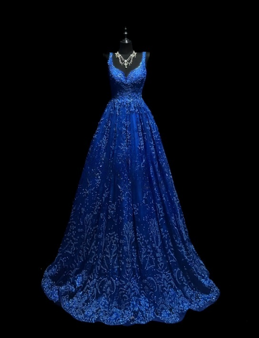 Classy Royal Blue Prom Dress Tulle Appliques A-line V-neck Evening Dress ED07060）