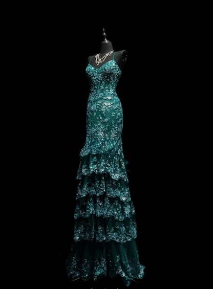 Classy Dark Green Prom Dress Spaghetti Straps Tulle Appliques Mermaid Evening Dress ED07061