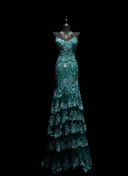 Classy Dark Green Prom Dress Spaghetti Straps Tulle Appliques Mermaid Evening Dress ED07061