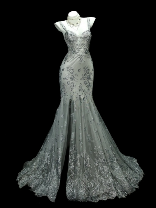 Classy Soft Green Prom Dress Tulle Appliques Mermaid Spaghetti Straps Evening Dress ED07063