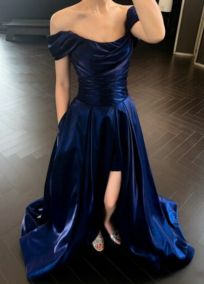 Classy Blue Prom Dress Satin A-line Off-shoulder Evening Dress ED07064