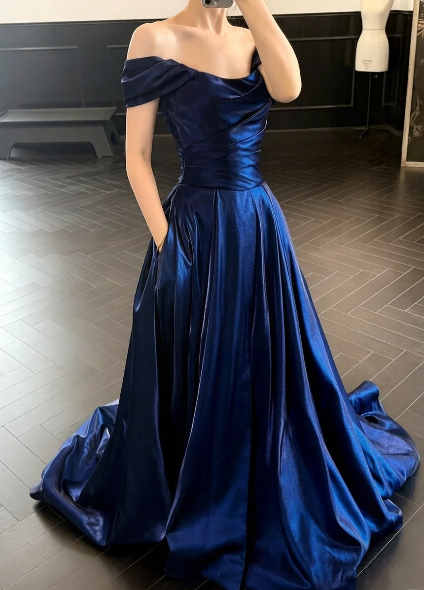 Classy Blue Prom Dress Satin A-line Off-shoulder Evening Dress ED07064