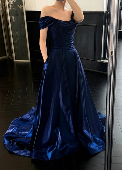 Classy Blue Prom Dress Satin A-line Off-shoulder Evening Dress ED07064