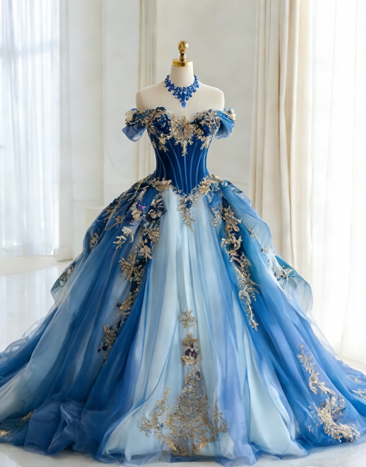 Gorgeous Blue Prom Dress Tulle A-Line Off-shoulder Evening Dress ED07066