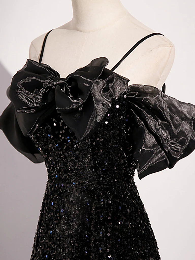 A-Line Off Shoulder Velvet Sequin Long Black Prom Dress, Black Long Evening Dress ED0707