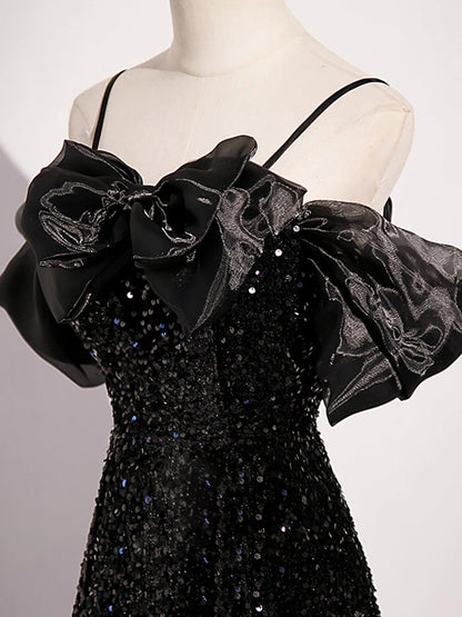 A-Line Off Shoulder Velvet Sequin Long Black Prom Dress, Black Long Evening Dress ED0707