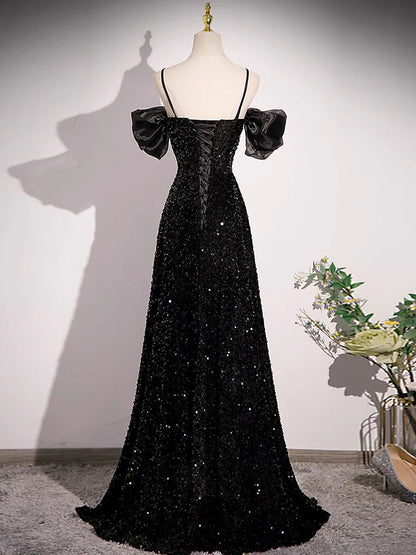 A-Line Off Shoulder Velvet Sequin Long Black Prom Dress, Black Long Evening Dress ED0707