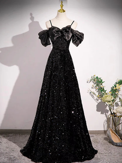 A-Line Off Shoulder Velvet Sequin Long Black Prom Dress, Black Long Evening Dress ED0707