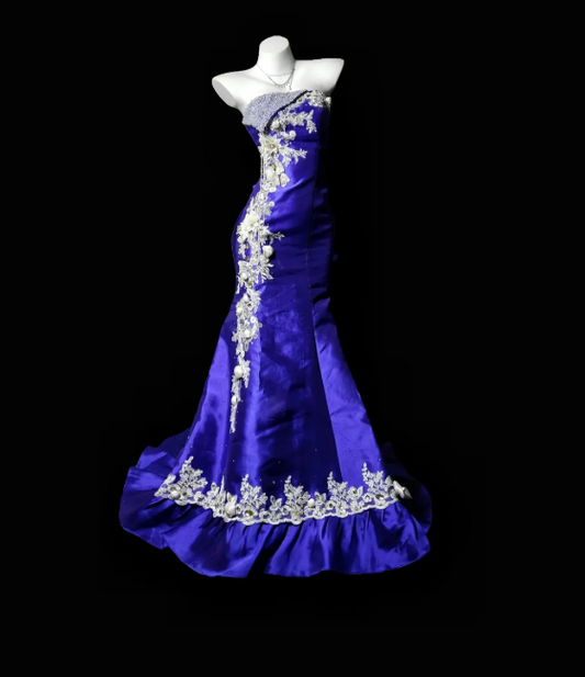 Robe de bal violette élégante en satin appliqué, robe de soirée fourreau sans bretelles ED07071