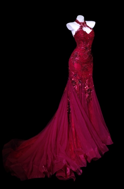 Classy Hot Pink Prom Dress Applique Tulle Birthday Dress Sheath Halter Evening Dress ED07073