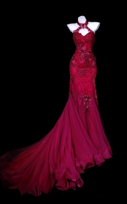 Classy Hot Pink Prom Dress Applique Tulle Birthday Dress Sheath Halter Evening Dress ED07073