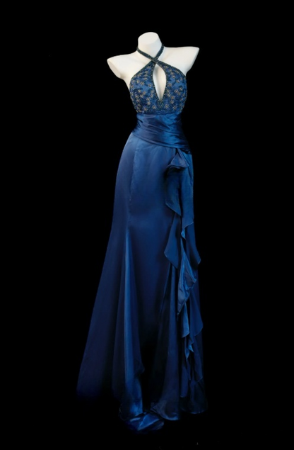 Elegantes marineblaues Ballkleid, Satin-Geburtstagskleid, Etuikleid mit Neckholder, Abendkleid ED07074