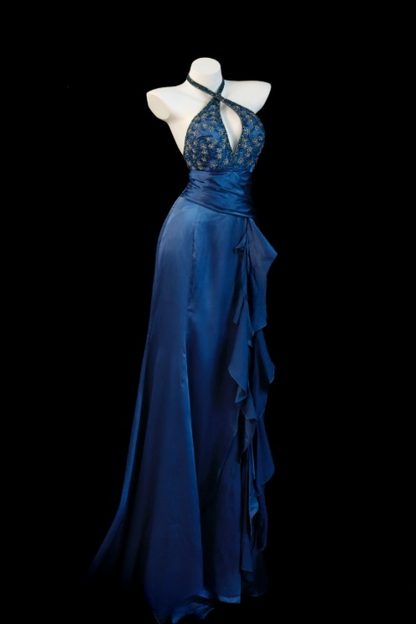 Elegantes marineblaues Ballkleid, Satin-Geburtstagskleid, Etuikleid mit Neckholder, Abendkleid ED07074