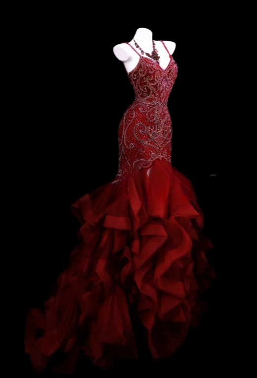 Classy Burgundy Prom Dress Tulle Beaded Birthday Dress Spaghetti Straps Mermaid Evening Dress ED07075
