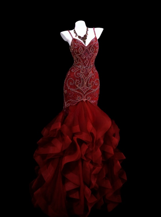 Classy Burgundy Prom Dress Tulle Beaded Birthday Dress Spaghetti Straps Mermaid Evening Dress ED07075