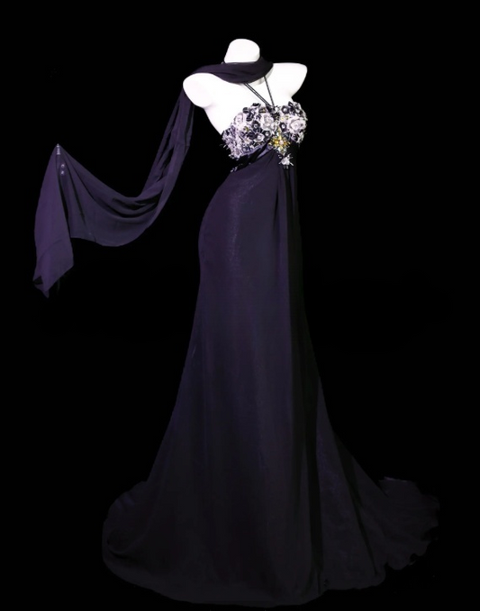 Classy Dark Puprle Prom Dress Chiffon Birthday Dress Sheath Halter Evening Dress ED07078